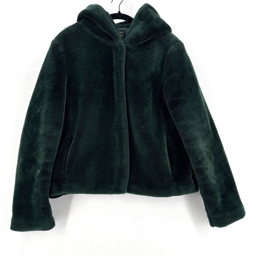 Forever 21 Faux Fur Hooded Jacket Women XL Dark Green Full Zip Lined Cozy Teddy
